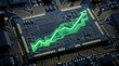 © VisionStock - Glowing green financial growth arrow on computer microchip, futuristic technology circuit board for stock market success, digital hardware processor