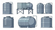 © SMSharif - Industrial water storage tanks of various shapes and sizes including vertical and horizontal containers on stands.