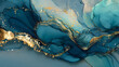 © Anyket - Abstract luxury wallpaper featuring deep teal liquid ink swirls accented with shimmering golden veins creating elegant marble effect suitable for sophisticated interior design and digital artwork.