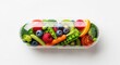 © smart - A transparent glass medicine capsule filled with miniature fresh vegetables and vibrant fruits, symbolizing natural nutrition and wellness, holistic, glass, medicine