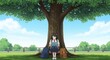 © avan - Anime girl reading a book while sitting on a park bench under a tree