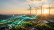 © AspctStyle - Sustainable energy digital transformation concept, 3D render illustration of wind turbines. Smart grid technology and AI for green power efficiency.