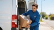 © olga_demina - A delivery man in a blue uniform carefully unloads a cardboard box from the back of a white van on a suburban street, ensuring safe and efficient delivery of goods.