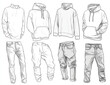 © Mukhtaran - a set of items in a line drawing style, such as t-shirts and hoodies with different styles for men's casual wear. the should be outlined clearly against the white background to highlight their shapes.