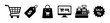 © Khmel - Collection of six black retail icons representing shopping, including a cart, dollar price tag, bag, online store checkout, cash register, and sale promotion badge