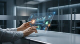 Person's hands interacting with a futuristic transparent touchscreen displaying security icons and data analytics, augmented reality