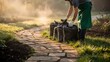 © olga_demina - A person is taking care of a garden by disposing of trash on a stone pathway, highlighting the importance of property management and maintenance in preserving a clean and beautiful outdoor space.