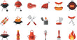 © AFSANA AKTER - Barbecue grill icon set with meat sausage skewers apron fire and cooking tools in flat vector style'