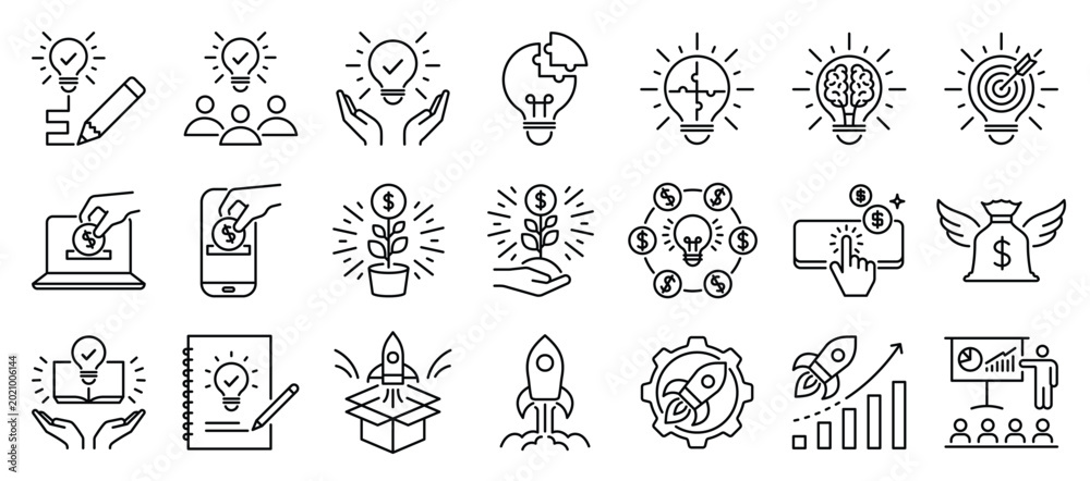 Professional business startup icon set in line art style. Includes ...