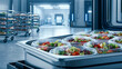 © Alex Alex - Plastic containers with portioned salads made from fresh herbs are placed in a tray in a cold food production room.