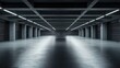 © PikePicture - Empty industrial basement parking garage with rows of storage lockers, minimalist concrete structure, modern lighting and dark reflective floor creating a futuristic, symmetrical space