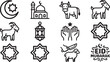 © Abida Sultana 96 - Eid al-Adha and Islamic Festival Icon Set - Qurbani Cow, Sacrifice Goat, Mosque, and Mubarak Greetings - Minimalist Bold Outline Illustration