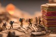 © farah - A small group of tiny people wearing explorer gear carefully navigate a vast, dusty, barren-like wooden tabletop, equipped with small backpacks and looking through small paper binoculars