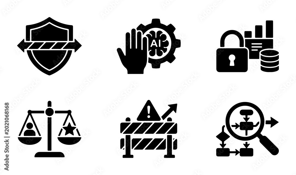 Cybersecurity and AI Safety Icons: Shield, Stop AI, Data Lock, Justice ...