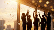 © balma - Backlit silhouette business team raising fists indoor office window with shimmering golden confetti perfect for corporate celebration and recruitment campaign