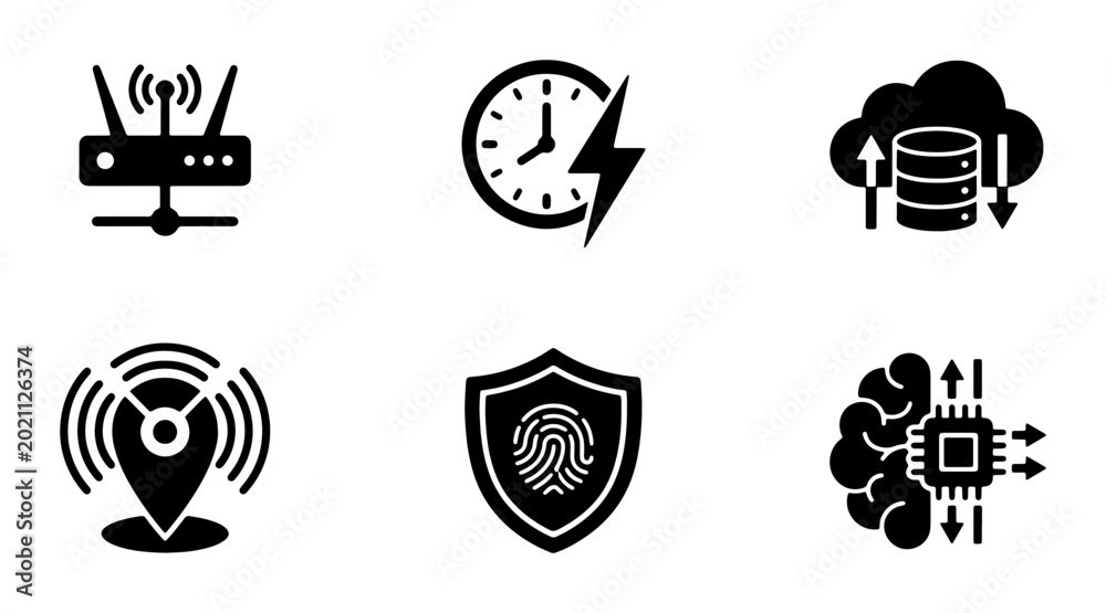 Technology Icons Set: Network Router, Time Clock, Cloud Data Storage ...