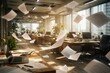 © Halina - Modern office workspace with flying papers chaos in bright open plan interior business stress
