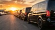 © MheeP - A fleet of black commercial cargo vans and VIP charter vehicles at dusk.