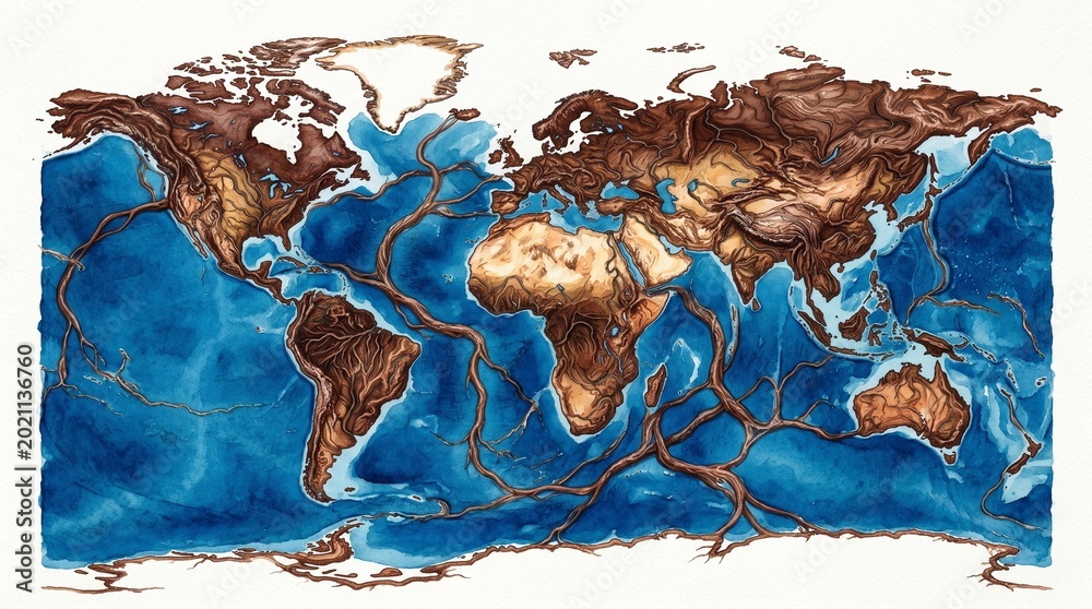Global tectonic plates map, a detailed geological illustration of Earth ...