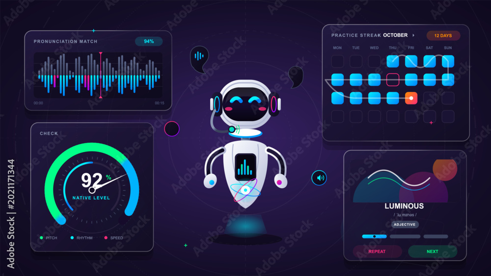 Language pronunciation practice app interface with robot tutor, voice ...