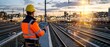 © FoxGrafy - Railway professional in safety gear uses a smart tablet for advanced infrastructure monitoring at sunset.