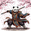 © nala - A Shaolin panda warrior in traditional robes holds a staff defensively, striking a dynamic pose amidst falling cherry blossoms and stones