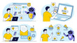 © Thai - Diverse characters holding laptop and smartphone presenting data protection services with AI cybersecurity and multi-factor authentication technology concept in vector illustration style.