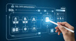 © tu - Advanced SQL database management interface with digital data icons and person using stylus pen on futuristic blue glowing technology network background for modern software development analytics.