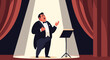 © Callen - Talented male opera singer performing on a stage illuminated by a spotlight in front of large red curtains while wearing a black tuxedo.