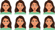 © Hosneara - Young woman facial expressions vector character set featuring diverse emotions including happy sad angry surprised worried and winking avatar heads.
