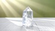 © Sutrimastudio - Perfectly formed large clear quartz crystal point, glistening with light on a wooden surface, representing natural energy and beauty.
