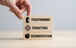 © Shahriar - Strategic business planning concept with hand placing wooden blocks labeled Segmentation, Targeting, and Positioning for market success and corporate growth