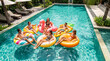 © homeganko - Group of Friends Relax in Pool With Colorful Floaties During Sunny Day Outdoors