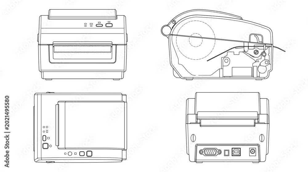 Thermal printer office device technical drawing blueprint with front ...