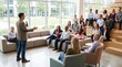 © Stitch - Speaker holding microphone presenting to attentive diverse audience seated on tiered wooden bleachers in sunny corporate office