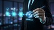 © Batoor - Corporate executive approving a business workflow process on a holographic display with digital checkmarks in a modern night office.