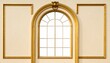 © inwinki - Classic Palace Window Luxury Frame Background, Elegant 3D Golden Architectural Arch Border with Bright Soft Sunlight, Premium Royal Interior Fairytale Layout Template Blank Copy Space