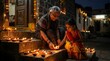 © AkbarAlam - Elderly Woman and Child Lighting Diyas on Stone Steps Evening Scene