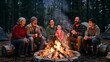 © 형석 황 - Happy family with grandparents laughing together around campfire while camping in forest