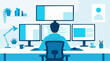 © Baskara - A technically arranged flat illustration of a software engineer working on a professional multi monitor workstation at a desk, capturing a clean modern environment with blue color tones.