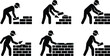 © NR - Bricklayer Construction Worker Silhouette Icon Set Showing Masons Building a Brick Wall Using Trowel and Spirit Level Tools for Industrial Safety Signs Vector Illustration
