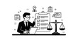 © wisanggeni - Vector line art illustration of a professional businessman in a suit and glasses reviewing a checklist next to scales of justice, representing fair performance evaluation and audit.