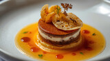 Caramelized layered dessert with creamy filling and citrus sauce, elegant plated presentation