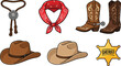 © MST - Wild West cowboy accessory vector set featuring leather boots with spurs, brown stetson hats, red paisley bandana, bolo tie, and gold sheriff badge star.