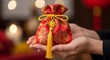 © Elshanum - Person Holding a Traditional Red Chinese Silk Lucky Bag.