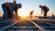 © Generative AI - Construction workers meticulously laying rebar grid at sunrise for building foundation development