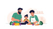 © Faiza - Happy father and his two children preparing a healthy meal together in a modern kitchen filled with fresh colorful vegetables.