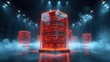 © antishock - Futuristic server stacks glow brightly within vast warehouse space. Blue lighting, fog create dramatic atmosphere. Digital elements visible.