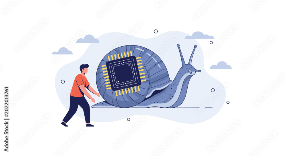 Man pushing a giant snail with a computer processor on its shell ...