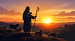 © Masum - A serene shepherd stands with a lamb at sunset in a peaceful countryside landscape with rolling hills and a vibrant orange sky